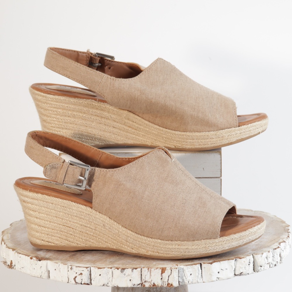 B.O.C. Womens Tan Canvas Espadrille Wedge Sandals Slingback Open Toe Shoes